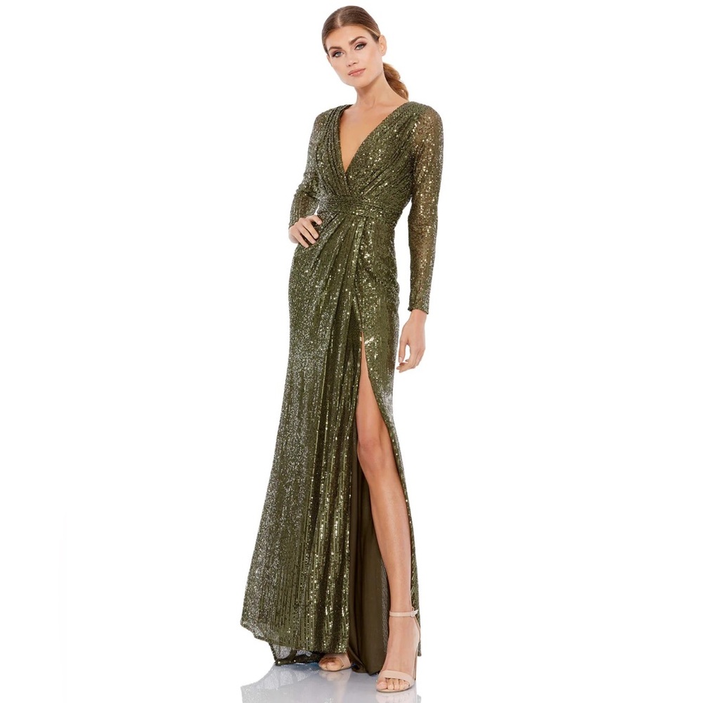 SEQUINED LONG SLEEVE GOWN Ieena for Mac Duggal Olive Size 10